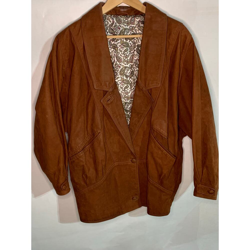 Leather brown oversized unisex tapered vintage jacket 1980 1990